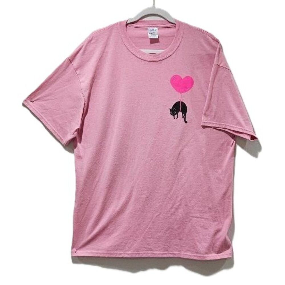 PINK TOP W BLACK CAT HEART BALLOON GRAPHIC SHORT SLEEVE  TEE  XL VALENTINE’S DAY